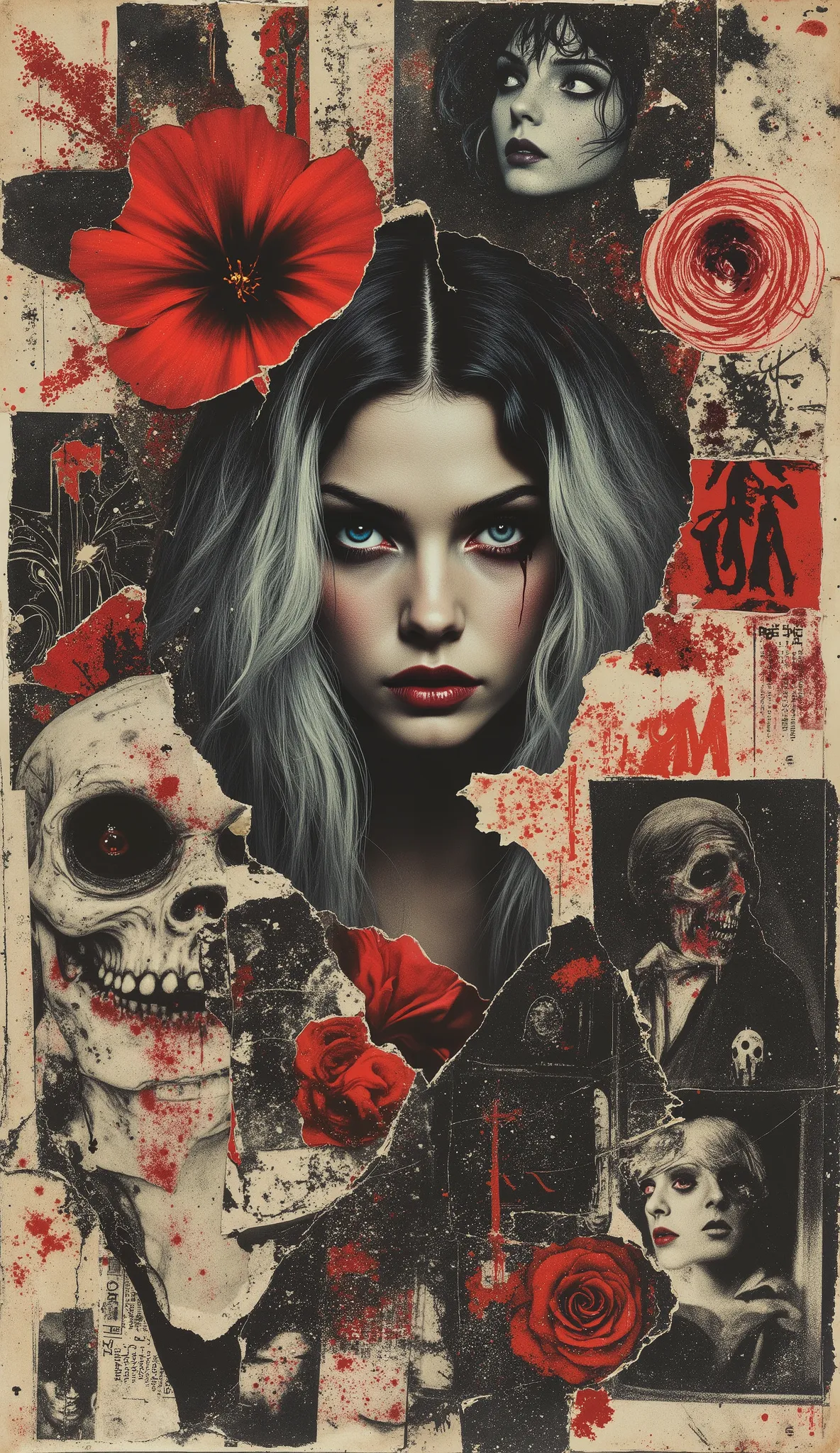 film(1929), directed by Luis Buñuel, Surreal retro collage artwork composed of cutouts from vintage horror magazines, chaotic and rebellious composition, torn paper textures, bold pop colors, absurd juxtapositions, sinister nostalgic aesthetic. Hidden with...