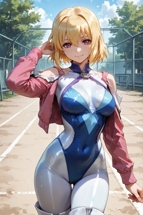 Stella Loussier, 1girl,solo,purple eyes,blonde hair,short hair, two-tone dress,halterneck, (blue one-piece:1.2), pink jacket,shoulder cutout,blue one-piece,thigh boots, (lacusbodysuit:1.2),white bodysuit, outdoors, training ground, looking at viewer, very ...