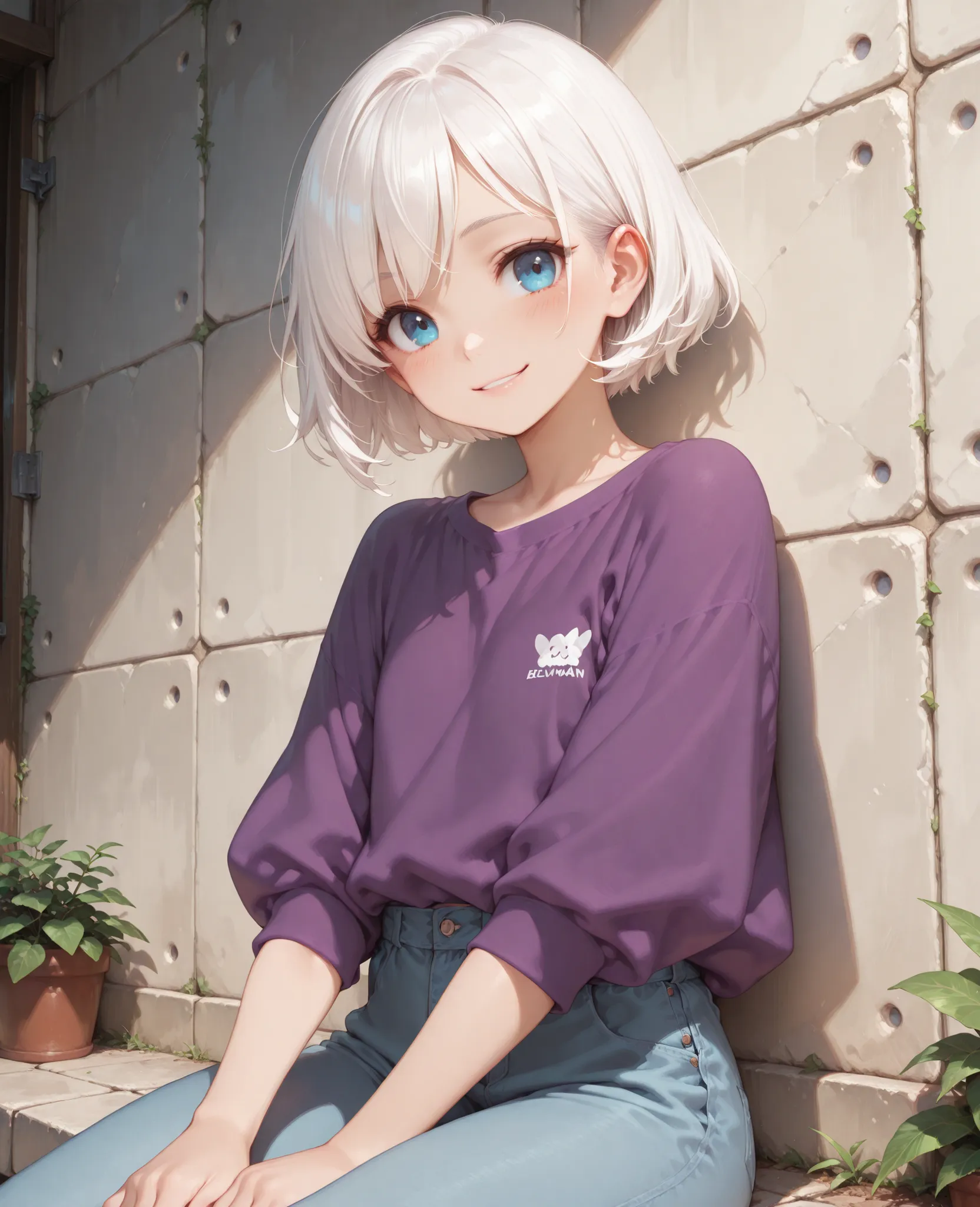 1girl, young woman, beautiful woman, 4K,masterpiece,SFW,girl,blue eyes,white hair,short hair, smiling, light blush, sitting on small wall, loose fit, purple shirt, pants