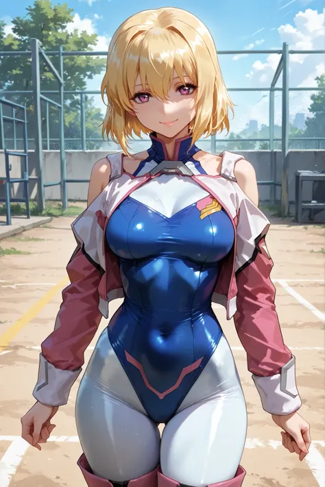 Stella Loussier, 1girl,solo,purple eyes,blonde hair,short hair, two-tone dress,halterneck, (blue one-piece:1.2), pink jacket,shoulder cutout,blue one-piece,thigh boots, (lacusbodysuit:1.2),white bodysuit, outdoors, training ground, looking at viewer, very ...
