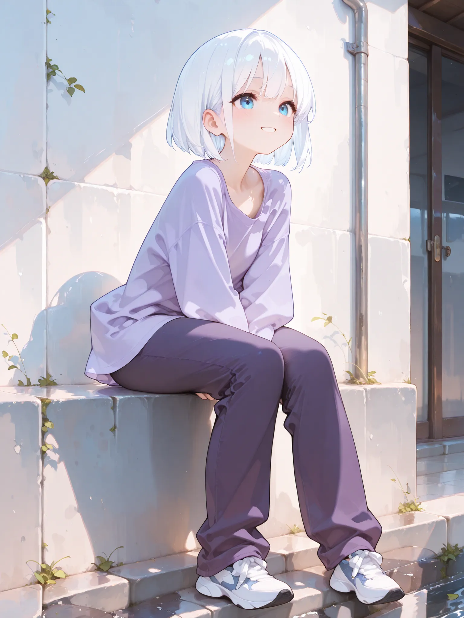 1girl, young woman, beautiful woman, 4K,masterpiece,SFW,girl,blue eyes,white hair,short hair, smiling, light blush, sitting on small wall, loose fit, purple shirt, pants, full body visible