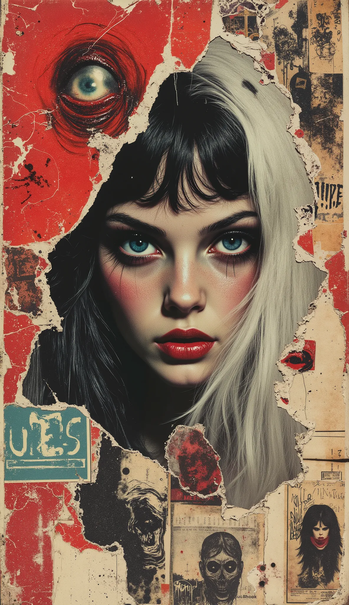 film(1929), directed by Luis Buñuel, Surreal retro collage artwork composed of cutouts from vintage horror magazines, chaotic and rebellious composition, torn paper textures, bold pop colors, absurd juxtapositions, sinister nostalgic aesthetic. Hidden with...