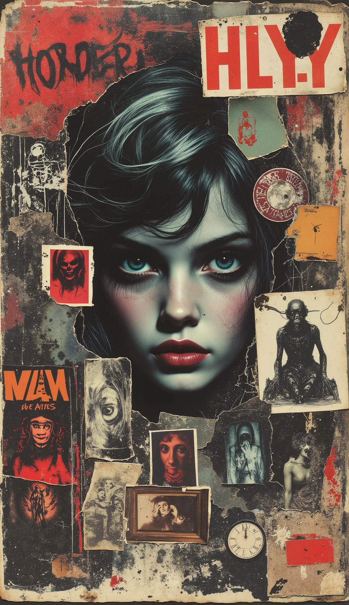 film(1929), directed by Luis Buñuel, Surreal retro collage artwork composed of cutouts from vintage horror magazines, chaotic and rebellious composition, torn paper textures, bold pop colors, absurd juxtapositions, sinister nostalgic aesthetic. Hidden with...