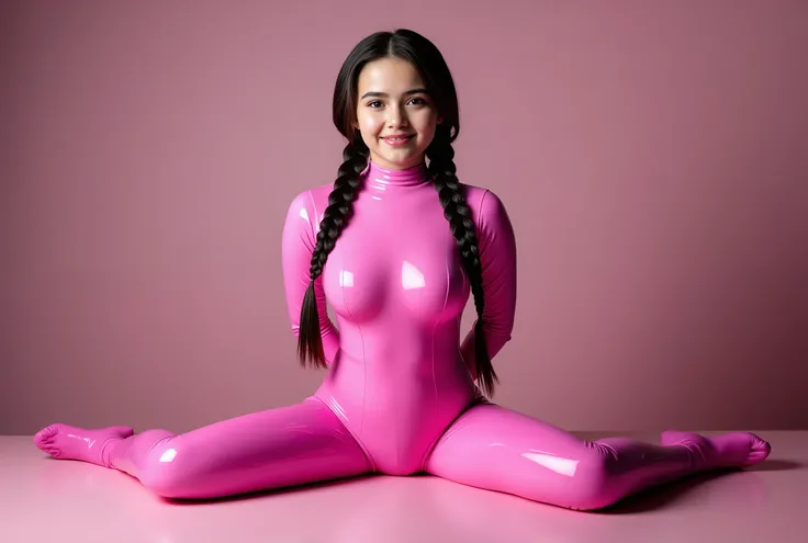 Young girl sitting on a table, her legs are spread wide , she is wearing a pink latex catsuit , cute face and smile, long dark hair in two tight braids,  her arms are behind her body , Realistic photos vagina orgasm sex