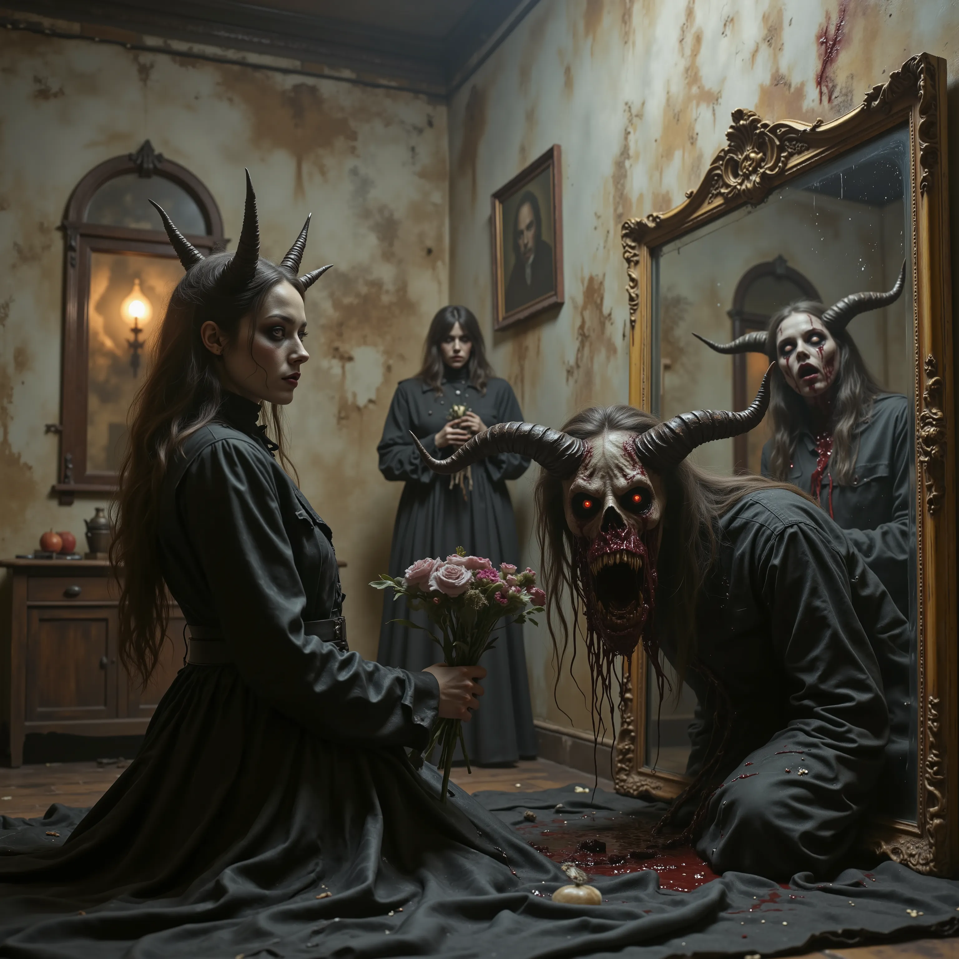 Horror, surreal art, darkside art, Unsettling,splatter, made of blood and gore, novuschroma, A beautiful young woman stands in front of a large antique mirror and sees a hideous demon looking back at her. As the demons come through the mirror, the room ch...