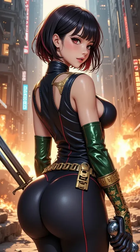  (masterpiece,  computer, mejor quality,  Clear focus, shadow, anime style, Ultra-High Resolution, 8K, perfect anatomy, rostro perfecto, (detailed face), (  Detailed eye  ), score_9, score_8_up, score_7_up, score_6_up, score_5_up, score_4_up,  source _animated, Label 1, Label2, quality_masterpiece, anatomically correct, beautiful face, rostro perfecto, Beautiful and highly detailed face and eyes, Attractive face, detailed face, delicate facial features, detailed leather, Huge Breasts, breast size cup D or DD, wide hips, gigantic butt, thick thighs. Anime-style illustration of a beautiful woman with an elegant and sensual look of a futuristic cyberpunk-style warrior with a heroic and sensual aesthetic, standing in a powerful and challenging pose. She has short hair, , smooth and dark, with reddish reflections and a pointed fringe.  Her expression is confident , with a challenging look at the spectator. She wears a tight and shiny suit of dark colors, with red and gold details, , revealing parts of her back decorated with golden chains and details of biomechanical armor. He wears a metallic green glove on his left arm with gold engravings of flowers and a shiny sword with metallic reflections his left hand. In his right hand he holds an advanced technology weapon with blue light on the top. Background of a ruined futuristic city with orange and yellow explosions and flashes that dramatically illuminate the scene. The atmosphere transmits action, rebellion and feminine power in an environment of science fiction and epic fantasy.