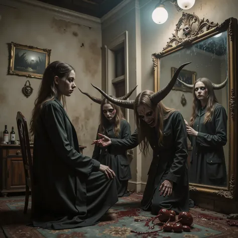 Horror, surreal art, darkside art, Unsettling,splatter, made of blood and gore, novuschroma, A beautiful young woman stands in front of a large antique mirror and sees a hideous demon looking back at her. As the demons come through the mirror, the room ch...