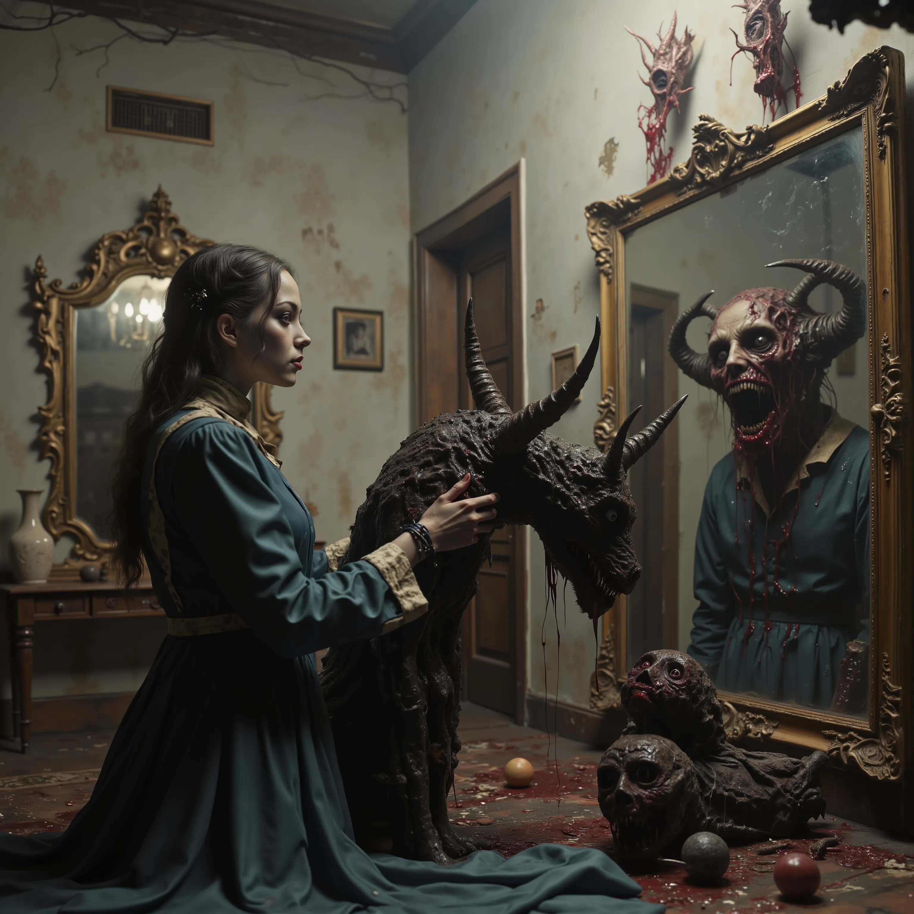 Horror, surreal art, darkside art, Unsettling,splatter, made of blood and gore, novuschroma, A beautiful young woman stands in front of a large antique mirror and sees a hideous demon looking back at her. As the demons come through the mirror, the room ch...