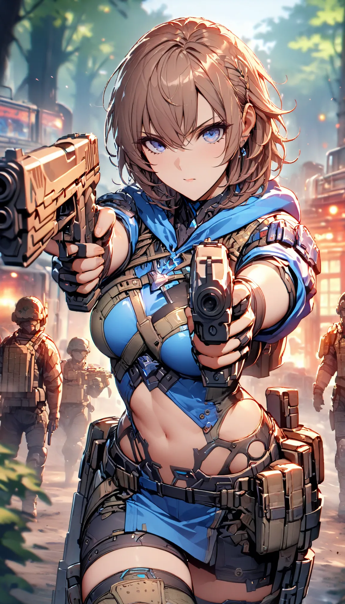 (masterpiece),(Best Quality),(High resolution),(Very detailed),One Woman,4,Mature Woman,Japanese,,short hair、Beautiful Eyes,Long eyelashes,Beautiful Hair,Beautiful Skin,Brown Hair、strict,whole body,(((aiming a gun at something))),((View attractions))(stand),((Handgun)),Blue sleeveless hoodie、Firm stomach、Toned flanks、Combat Boots, Tactical Foster,,(The background is a deep forest),(((Background Blur)))、Pistol combat setup、(weapon pistol:1.5)