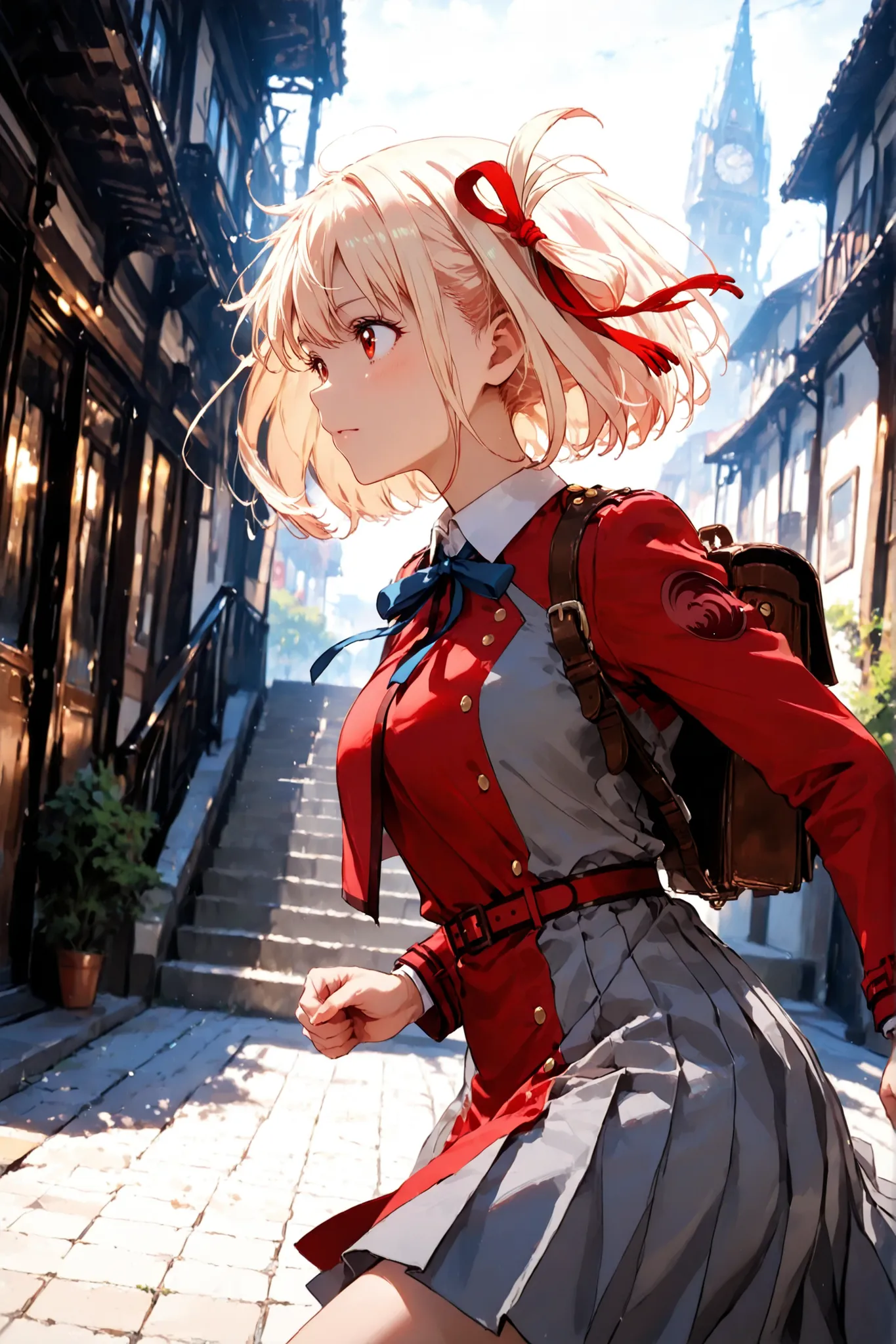 Masterpiece,Best Quality, 8K Resolution, detailed reflecting eyes by professional digital painting, chiaroscuro,beautiful pretty cute small face, 1girl, nishikigi chisato, lycoris recoil,short hair, bangs, blonde hair, red eyes,hair ribbon, one side up, bo...