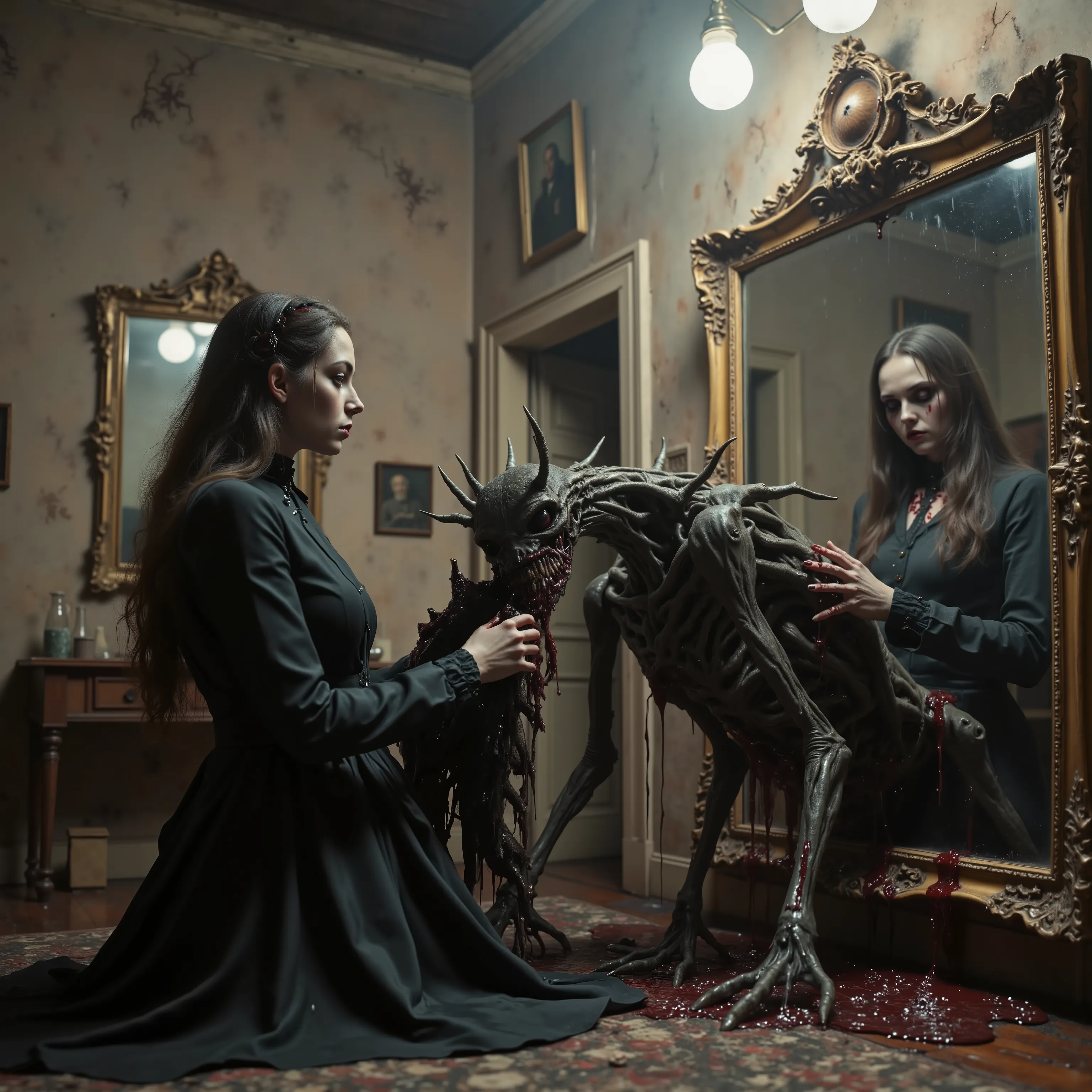 Horror, surreal art, darkside art, Unsettling,splatter, made of blood and gore, novuschroma, A beautiful young woman stands in front of a large antique mirror and sees a hideous demon looking back at her. As the demons come through the mirror, the room ch...
