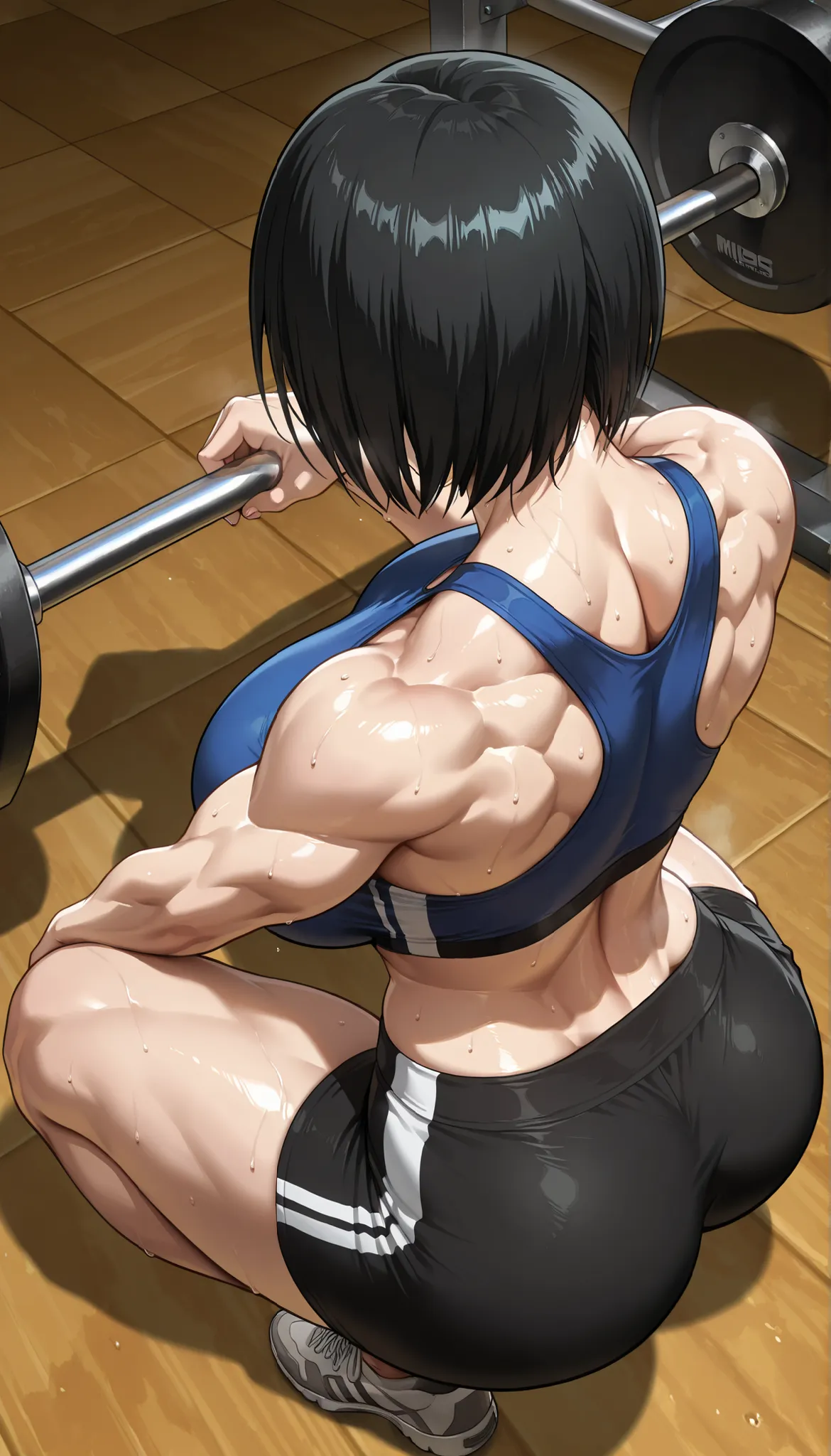 mikasa ackerman, 1girl, short hair, black hair, huge breasts, thick muscular thighs, hourglass figure, wearing sports wear, shoes, sweating, in training room, squatting , masterpiece, best quality, highres, very aesthetic, very awa, newest, amazing details...