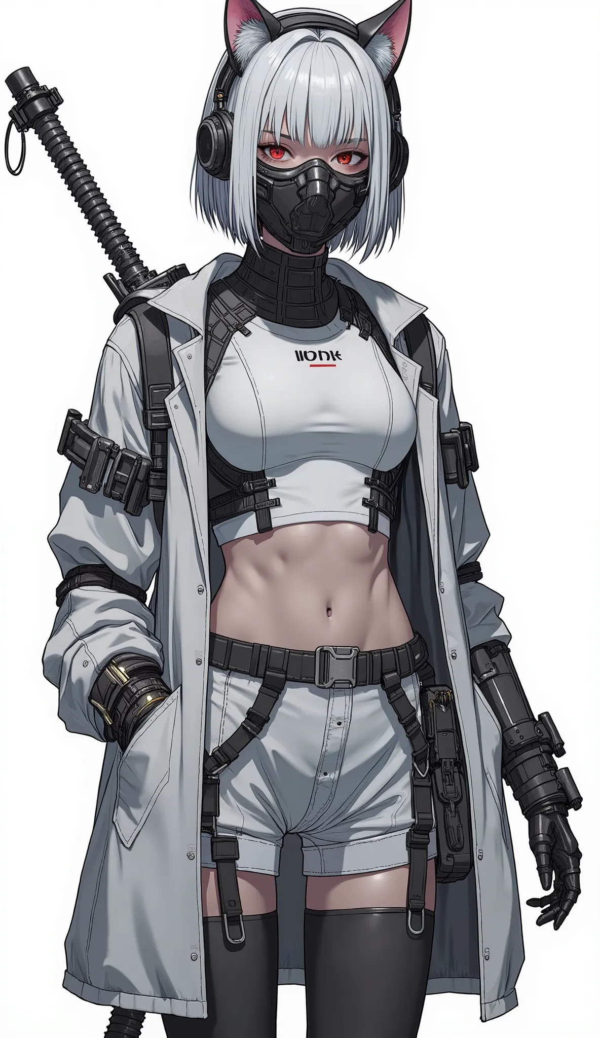 Detailed, Illustration, Realistic Style, Surrealism, HDR, High Contrast, masterpiece, best quality, photorealistic, ultra realistic details, detailed skin, 8k wallpaper., A dark visor that obscures facial expressions,Techwear coat, short coat, short bob, s...