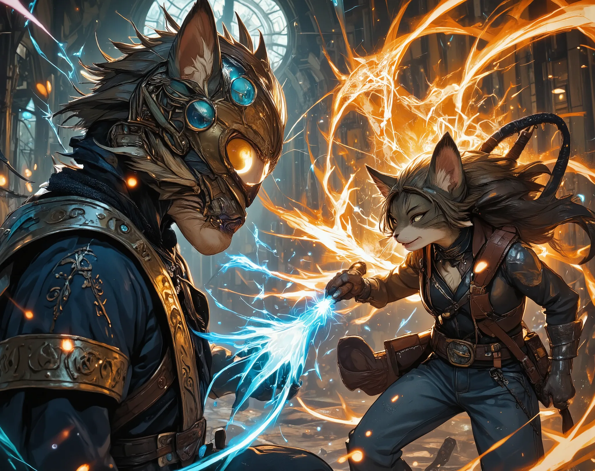 a dramatic battle scene between two anthropomorphic cat warriors, one casting elemental spells with fire and water, wearing a mage's cloak with runes, and the other a wild-haired fighter in leather and denim, slashing through magic with claws and energy, e...