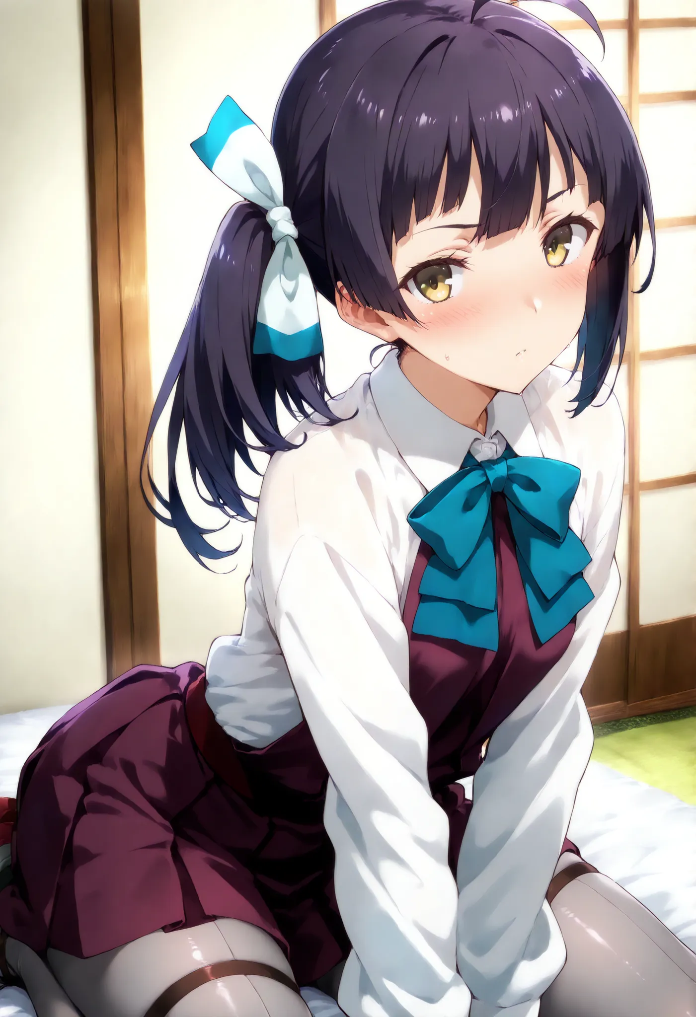 Fujinami (KANCOLLE), ,((nsfw)),
一人の女の子, 一人で, ,((nsfw)),
fujinamiKC, 1girl, solo, long hair, hair ribbon, ahoge, side ponytail,long sleeves, dress, bow, ribbon, school uniform, hair ribbon, white shirt, bowtie, white ribbon, purple dress, pleated dress, gr...