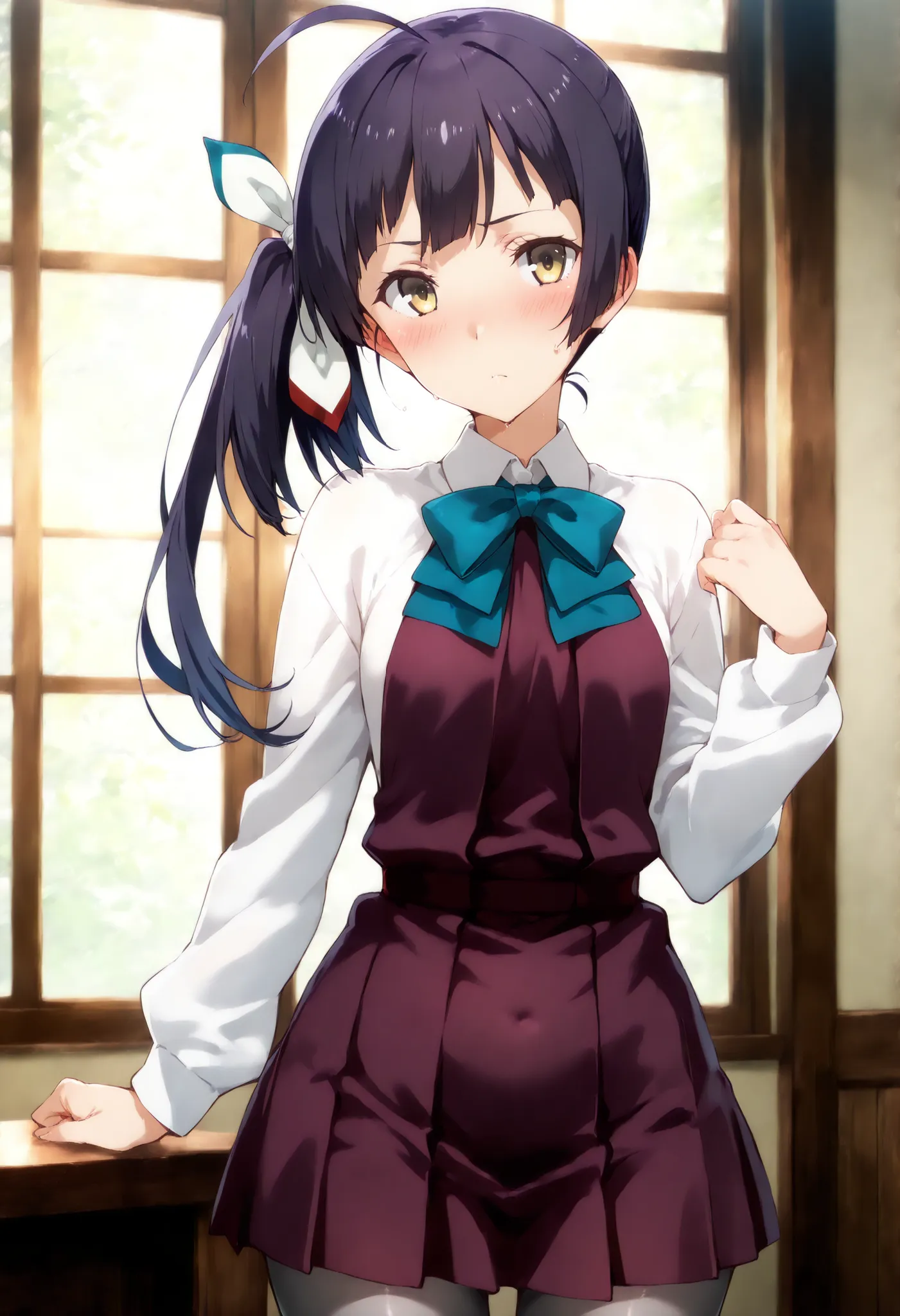 Fujinami (KANCOLLE), ,((nsfw)),
一人の女の子, 一人で, ,((nsfw)),
fujinamiKC, 1girl, solo, long hair, hair ribbon, ahoge, side ponytail,long sleeves, dress, bow, ribbon, school uniform, hair ribbon, white shirt, bowtie, white ribbon, purple dress, pleated dress, gr...