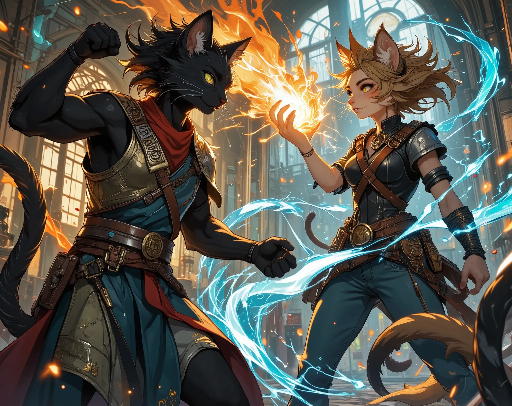 a dramatic battle scene between two anthropomorphic cat warriors, one casting elemental spells with fire and water, wearing a mage's cloak with runes, and the other a wild-haired fighter in leather and denim, slashing through magic with claws and energy, e...