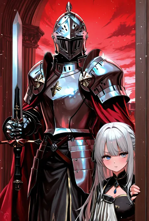 Knight and Princess、2 people、black、Red Sky、The Princess Staring into the Distance、The Knight Holding Next Door、has a sword、