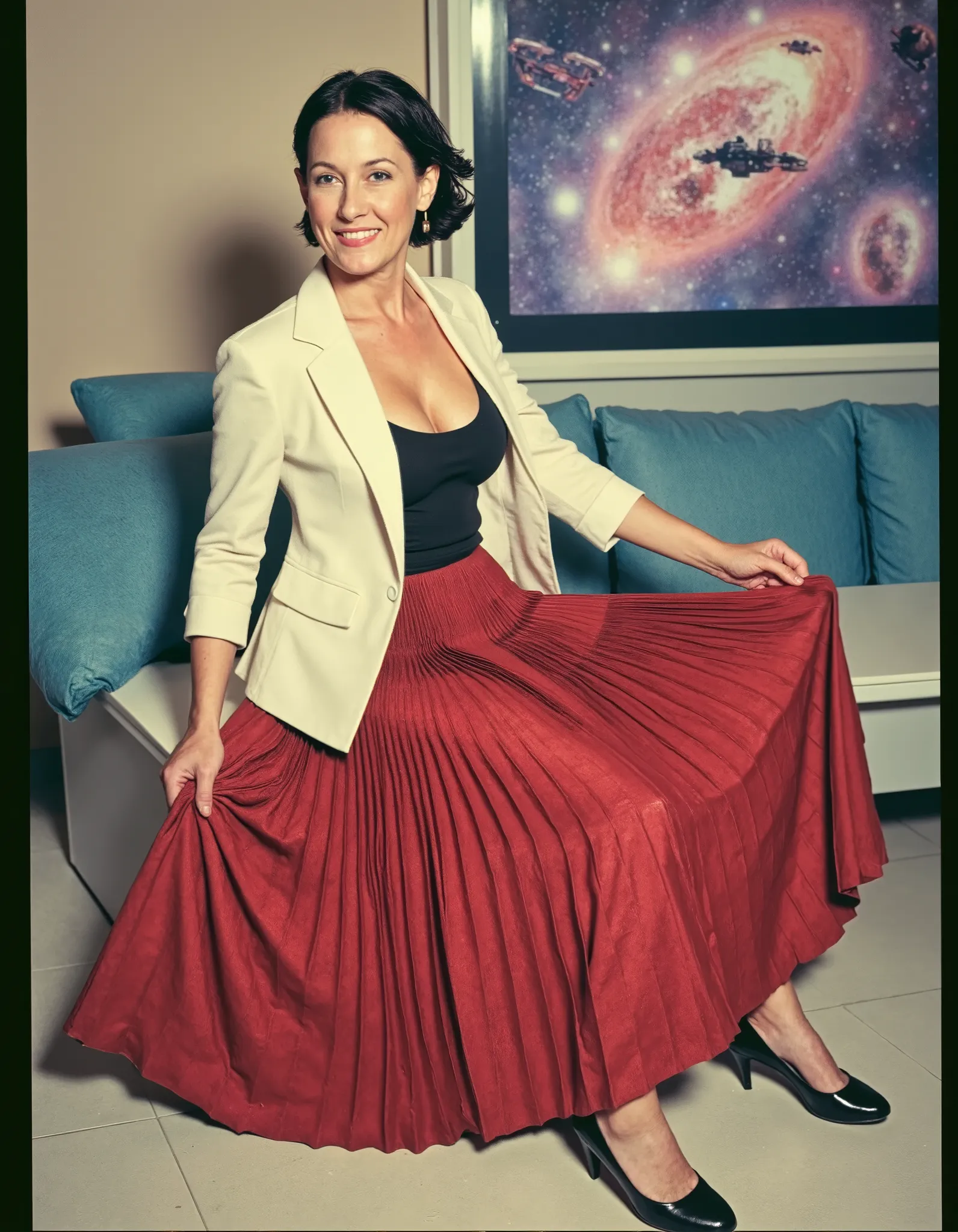 A stunning portrait of a mature woman sitting confidently on a desk in a vibrant space station backdrop. She spreads her legs daringly, with a long pleated skirt flowing around her. She wears a shoulder-padded uniform jacket and low-heeled office shoes, j...