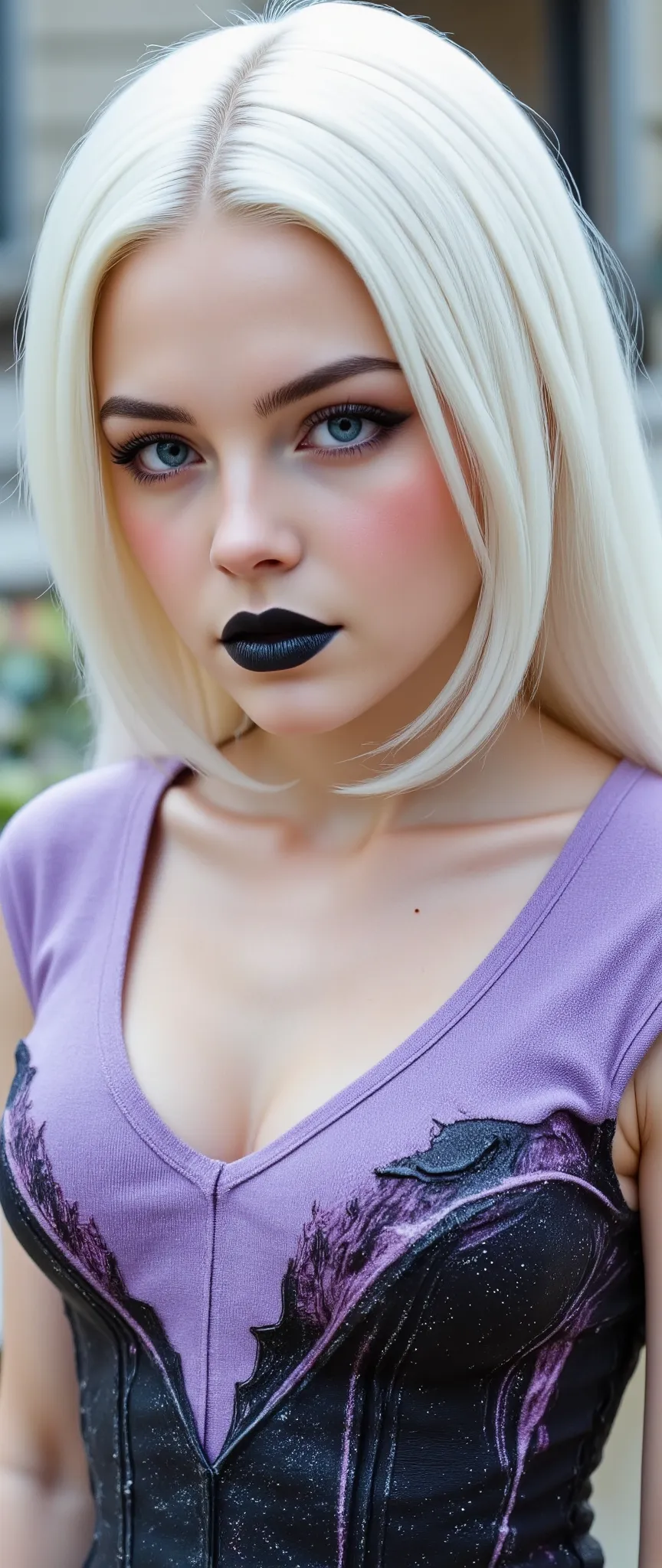 1girl, smiling, fair skin, perfectly straight white hairs, sky blue eyes, sleeveless violet V-neck T-shirt with black and purple texture, shiny black lips, black eyeshadows,