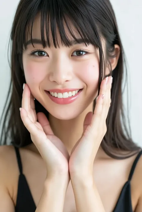 An extreme ultra close-up portrait of a stunningly beautiful young Japanese woman in her early twenties. Her face fills 95% of the frame, captured in cinematic soft lighting. She has a warm skin tone with flushed cheeks, porcelain-smooth complexion, visibl...