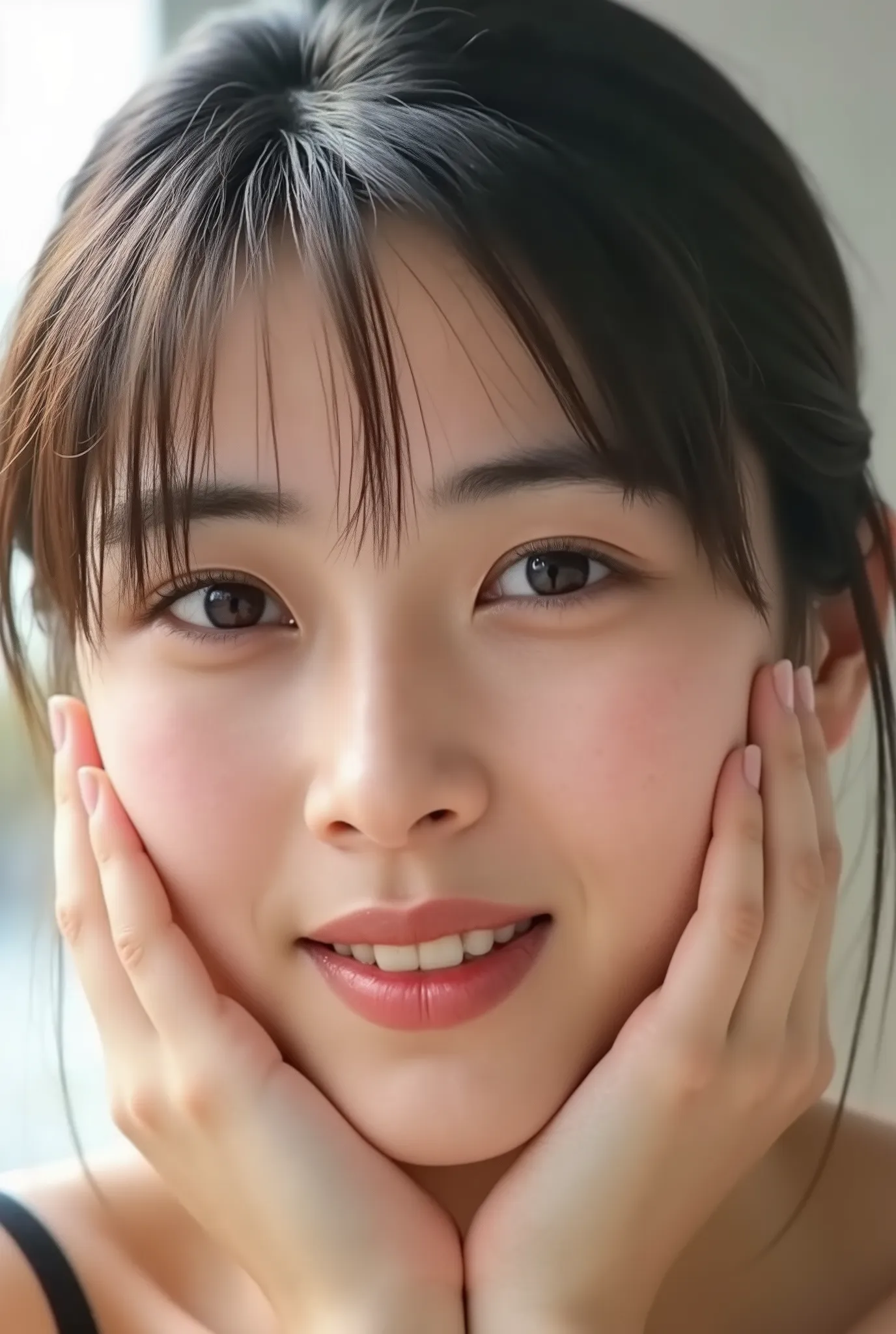 An extreme ultra close-up portrait of a stunningly beautiful young Japanese woman in her early twenties. Her face fills 95% of the frame, captured in cinematic soft lighting. She has a warm skin tone with flushed cheeks, porcelain-smooth complexion, visibl...