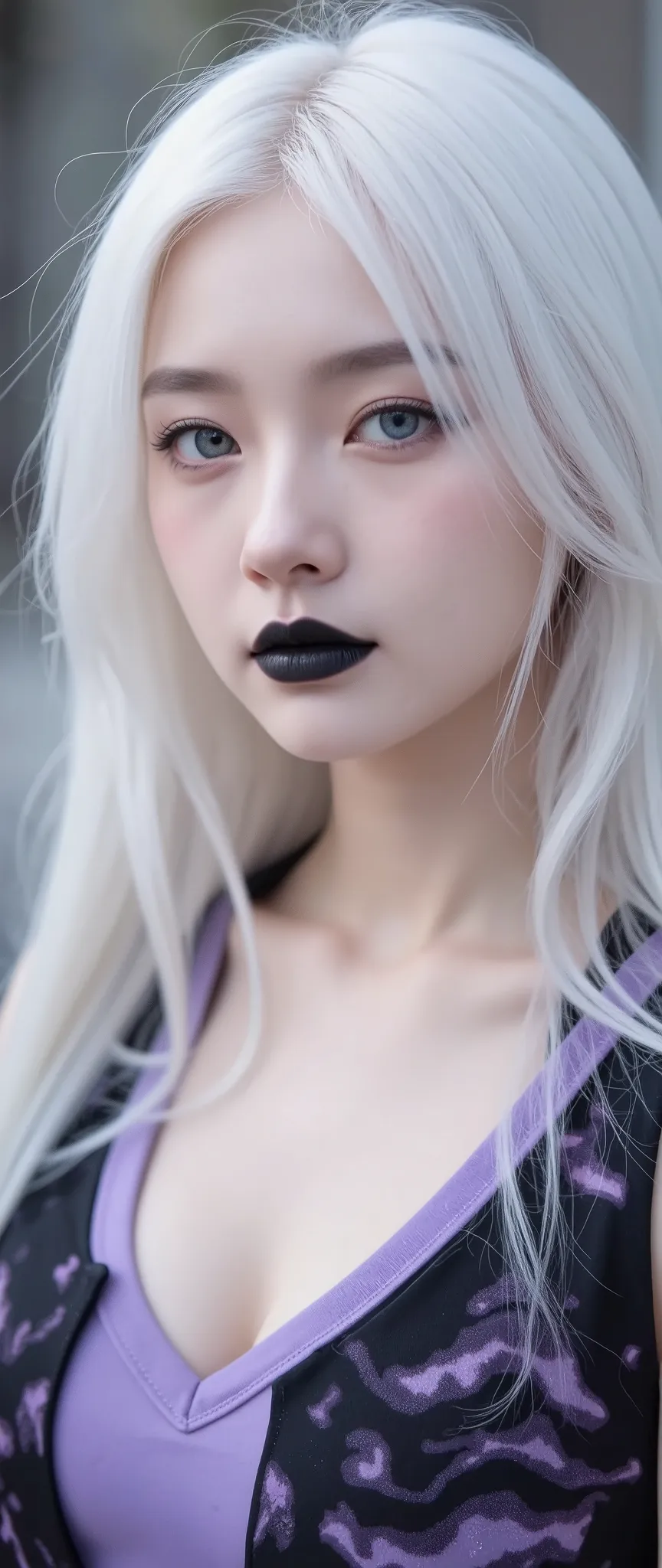 1girl, smiling, fair skin, perfectly straight white hairs, sky blue eyes, sleeveless violet V-neck T-shirt with black and purple texture, shiny black lips, black eyeshadows,
