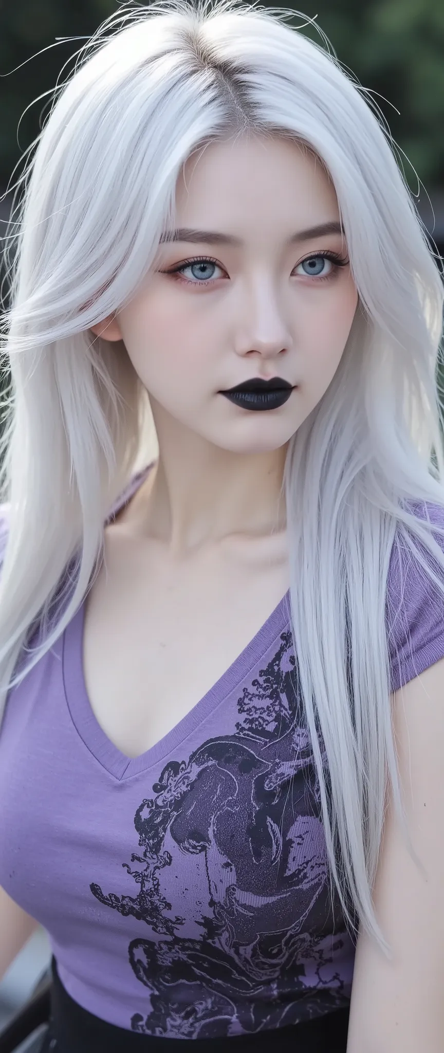 1girl, smiling, fair skin, perfectly straight white hairs, sky blue eyes, sleeveless violet V-neck T-shirt with black and purple texture, shiny black lips, black eyeshadows,