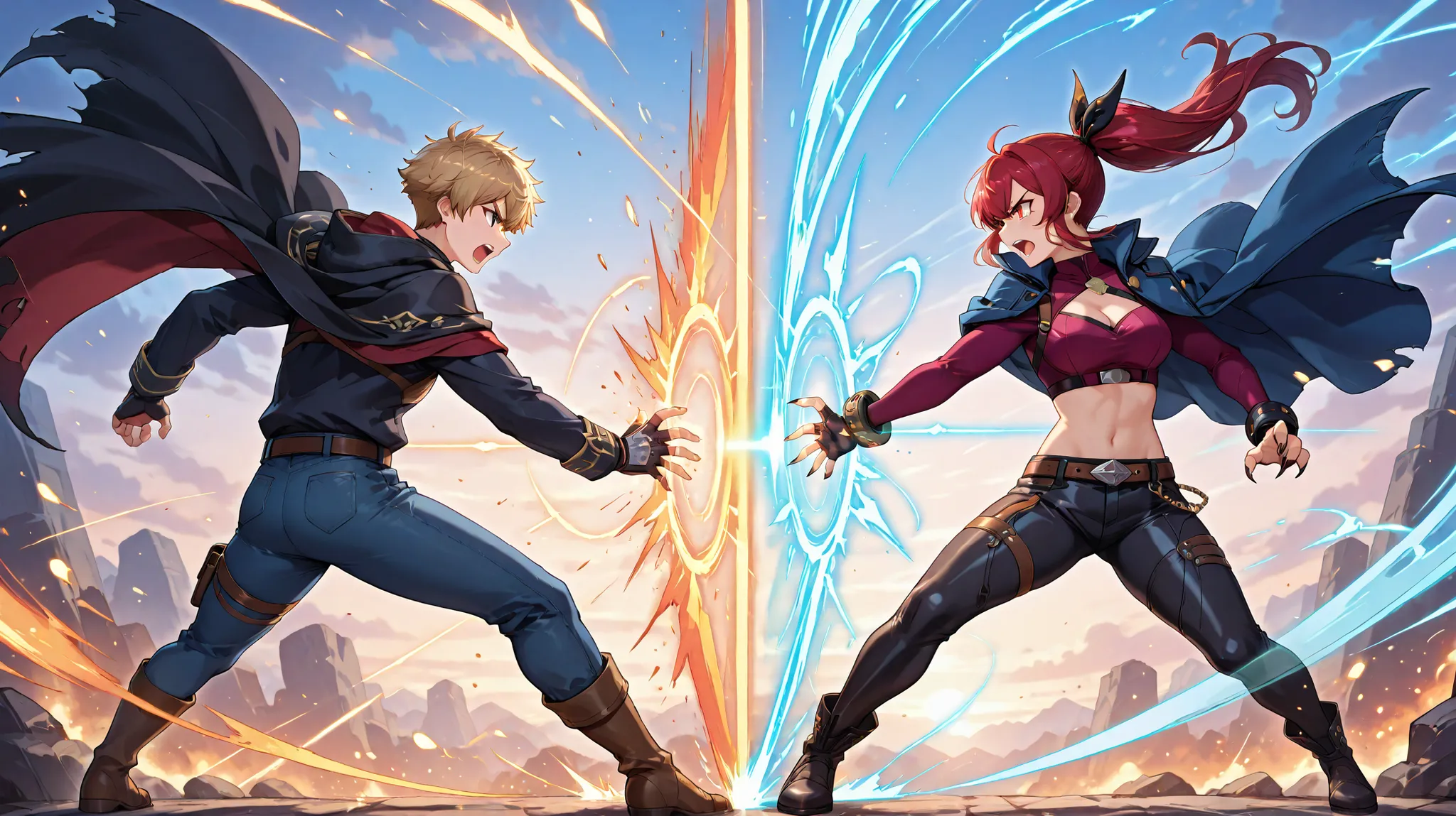 a dramatic battle scene between two anthropomorphic cat warriors, one casting elemental spells with fire and water, wearing a mage's cloak with runes, and the other a wild-haired fighter in leather and denim, slashing through magic with claws and energy, e...