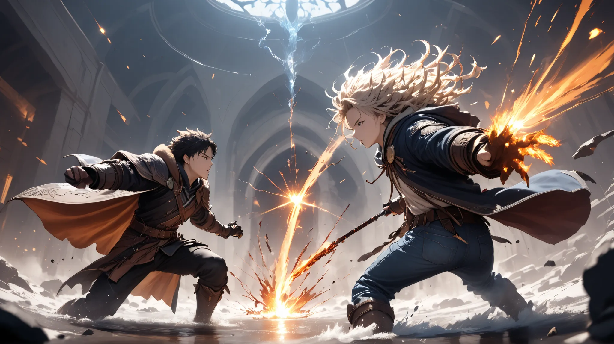 a dramatic battle scene between two anthropomorphic cat warriors, one casting elemental spells with fire and water, wearing a mage's cloak with runes, and the other a wild-haired fighter in leather and denim, slashing through magic with claws and energy, e...