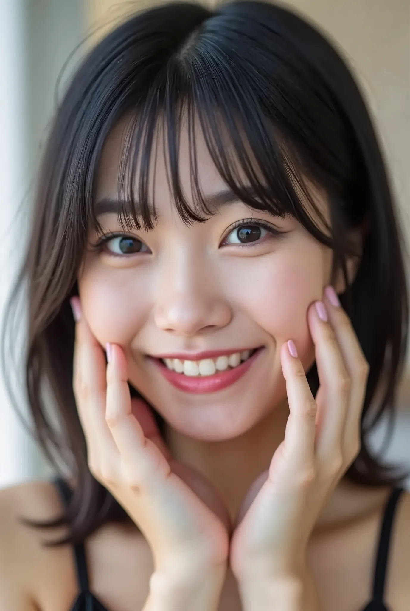 An extreme ultra close-up portrait of a stunningly beautiful young Japanese woman in her early twenties. Her face fills 95% of the frame, captured in cinematic soft lighting. She has a warm skin tone with flushed cheeks, porcelain-smooth complexion, visibl...