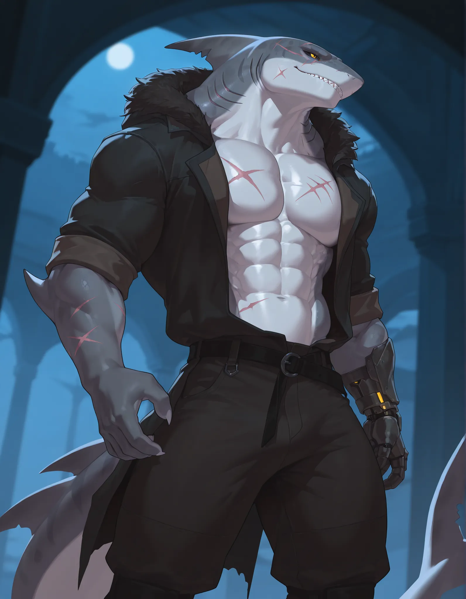 masterpiece, best quality, amazing quality, very aesthetic, absurdres, newest, scenery, extreme detail, 8k, dnd character, anthro shark, detailed eyes, yellow eyes, by Riolutiny, anthro, furry, shark, male, scalie, anthro shark, anthro megalodon, hunk, gra...
