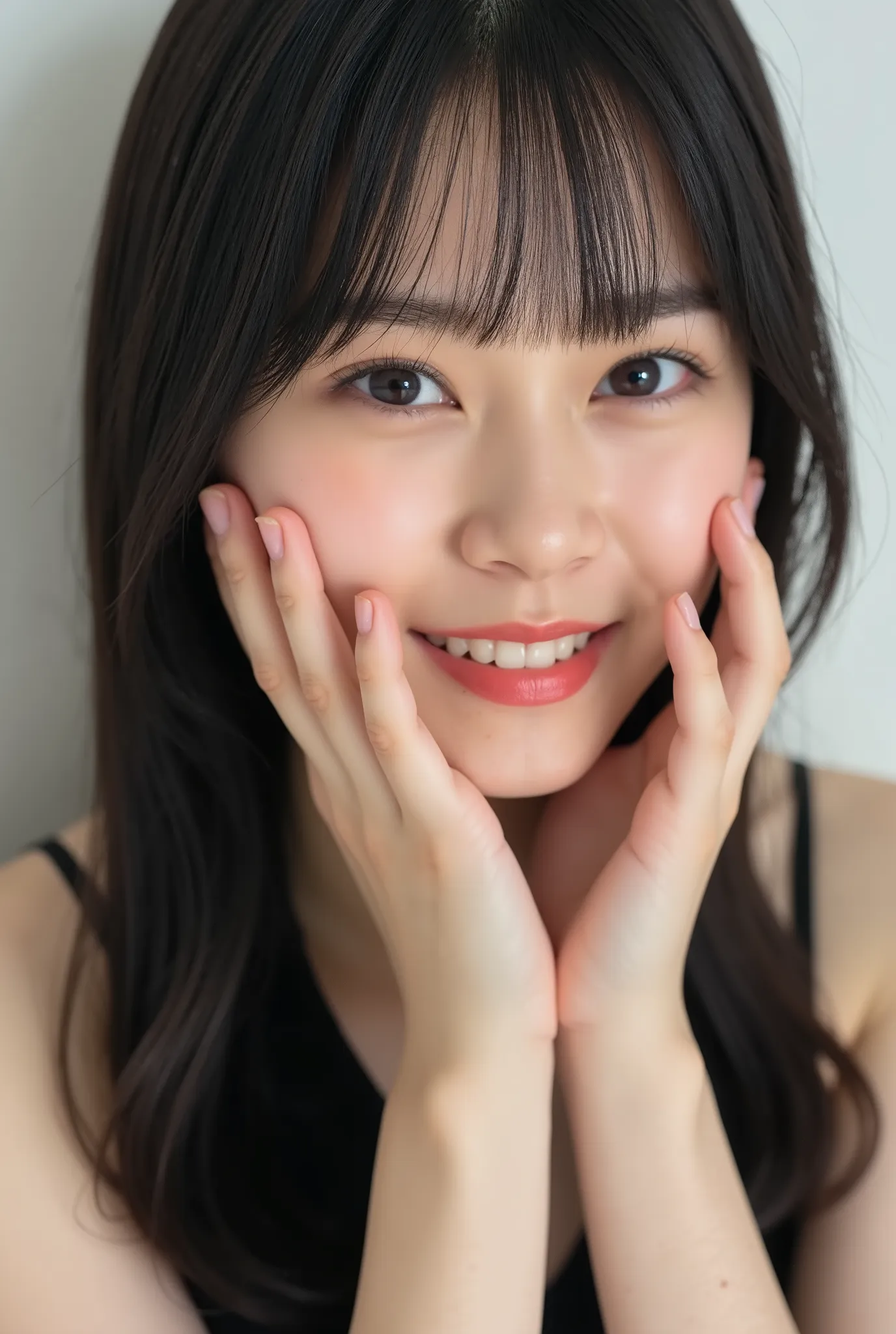 An extreme ultra close-up portrait of a stunningly beautiful young Japanese woman in her early twenties. Her face fills 95% of the frame, captured in cinematic soft lighting. She has a warm skin tone with flushed cheeks, porcelain-smooth complexion, visibl...