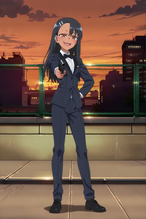 source_anime, score_9, score_8_up, score_7_up, anime screencap, absurdres, High Quality,
(nagatoro hayase, brown eyes, dark-skinned Women, tan, black hair, Hair clip, ear clip, hair ornament, cabello largo, black tuxedo),, anime coloring, a full body girl,...