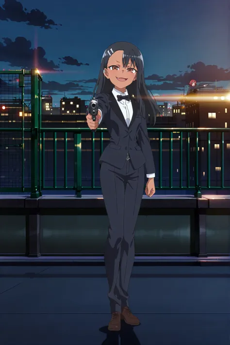 source_anime, score_9, score_8_up, score_7_up, anime screencap, absurdres, High Quality,
(nagatoro hayase, brown eyes, dark-skinned Women, tan, black hair, Hair clip, ear clip, hair ornament, cabello largo, black tuxedo),, anime coloring, a full body girl,...