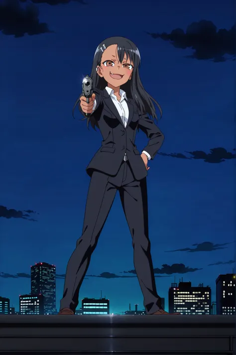 source_anime, score_9, score_8_up, score_7_up, anime screencap, absurdres, High Quality,
(nagatoro hayase, brown eyes, dark-skinned Women, tan, black hair, Hair clip, ear clip, hair ornament, cabello largo, black tuxedo),, anime coloring, a full body girl,...