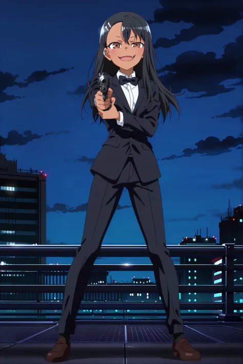 source_anime, score_9, score_8_up, score_7_up, anime screencap, absurdres, High Quality,
(nagatoro hayase, brown eyes, dark-skinned Women, tan, black hair, Hair clip, ear clip, hair ornament, cabello largo, black tuxedo),, anime coloring, a full body girl,...