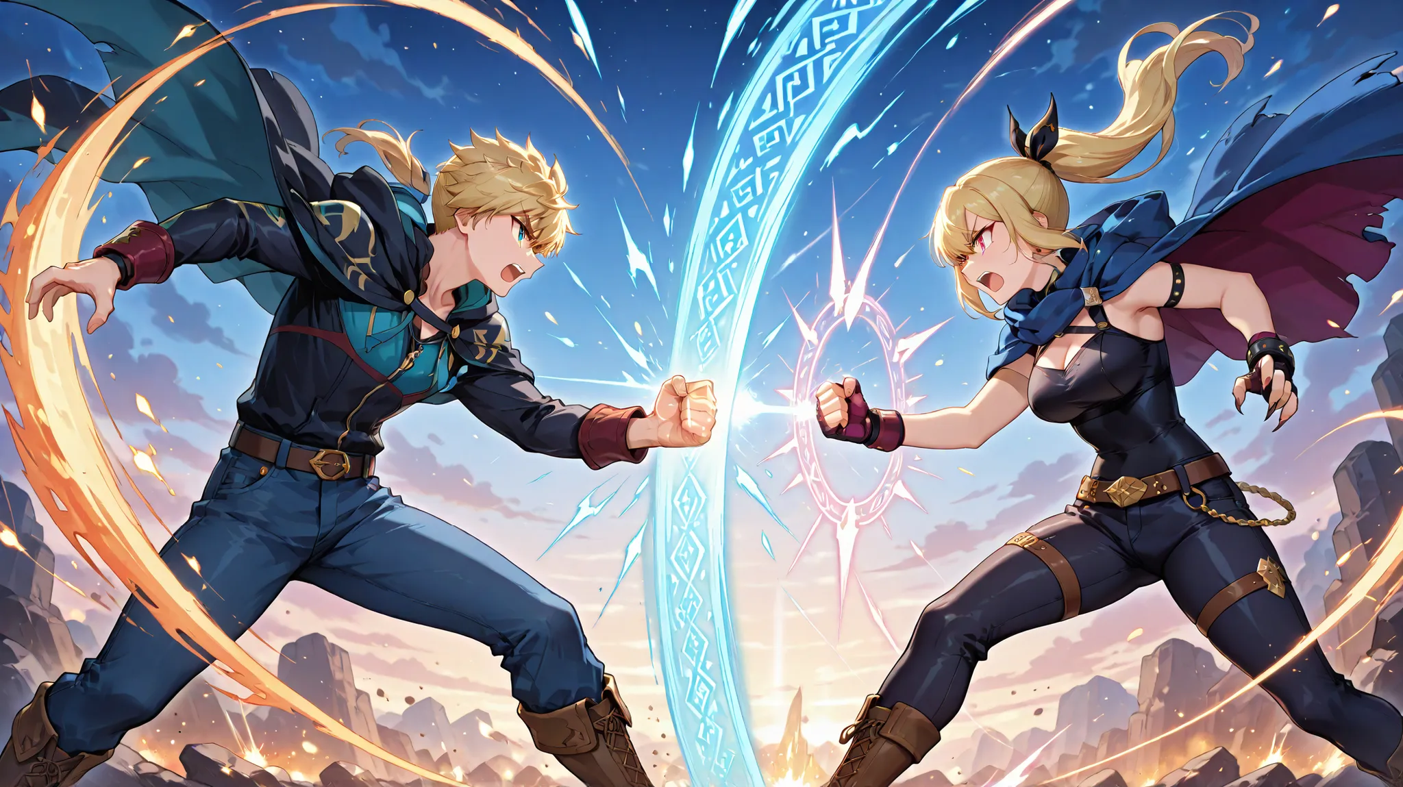 a dramatic battle scene between two anthropomorphic cat warriors, one casting elemental spells with fire and water, wearing a mage's cloak with runes, and the other a wild-haired fighter in leather and denim, slashing through magic with claws and energy, e...