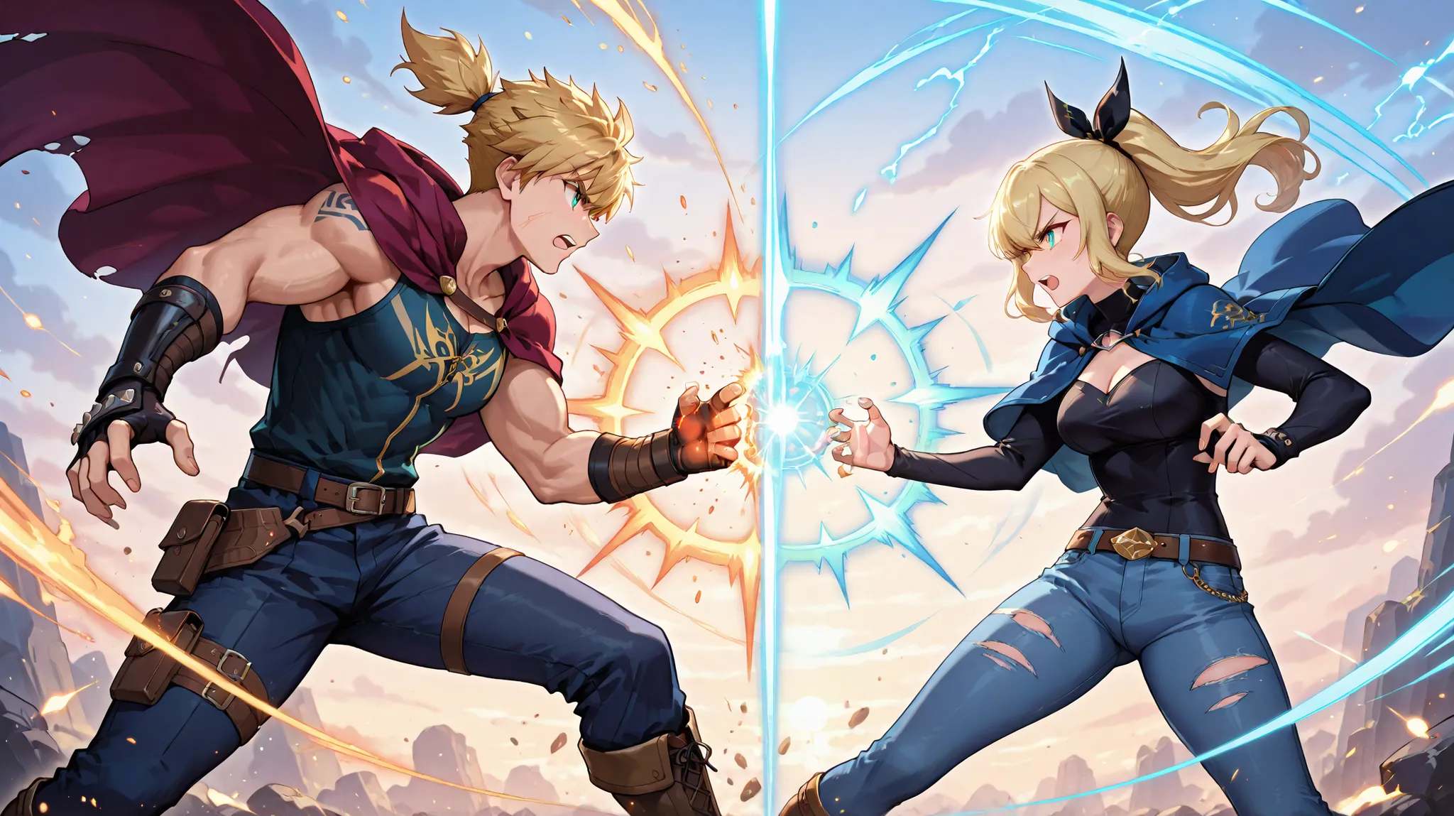 a dramatic battle scene between two anthropomorphic cat warriors, one casting elemental spells with fire and water, wearing a mage's cloak with runes, and the other a wild-haired fighter in leather and denim, slashing through magic with claws and energy, e...
