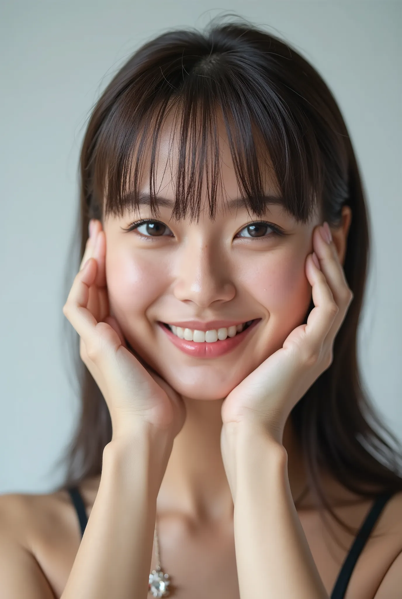 An extreme ultra close-up portrait of a stunningly beautiful young Japanese woman in her early twenties. Her face fills 95% of the frame, captured in cinematic soft lighting. She has a warm skin tone with flushed cheeks, porcelain-smooth complexion, visibl...