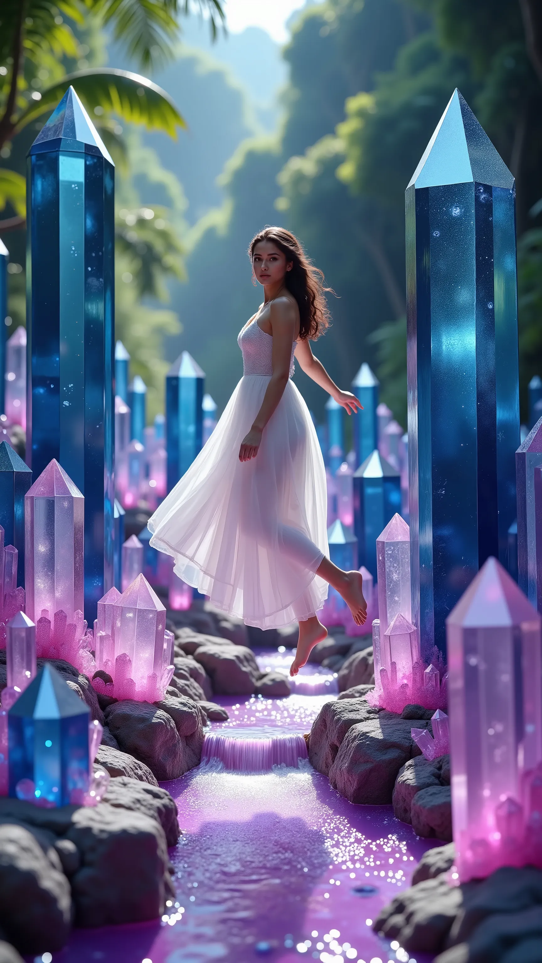 Ultra realistic, cinematography, ultra detailed, 8K, highres, 1girl, gorgeous european woman levitating,floating above the stream, direct eye contact, looking at the viewer, enormous, 12 foot tall dark blue and pink quartz crystals, blue and pink transluce...