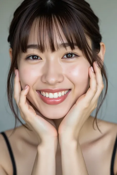 An extreme ultra close-up portrait of a stunningly beautiful young Japanese woman in her early twenties. Her face fills 95% of the frame, captured in cinematic soft lighting. She has a warm skin tone with flushed cheeks, porcelain-smooth complexion, visibl...