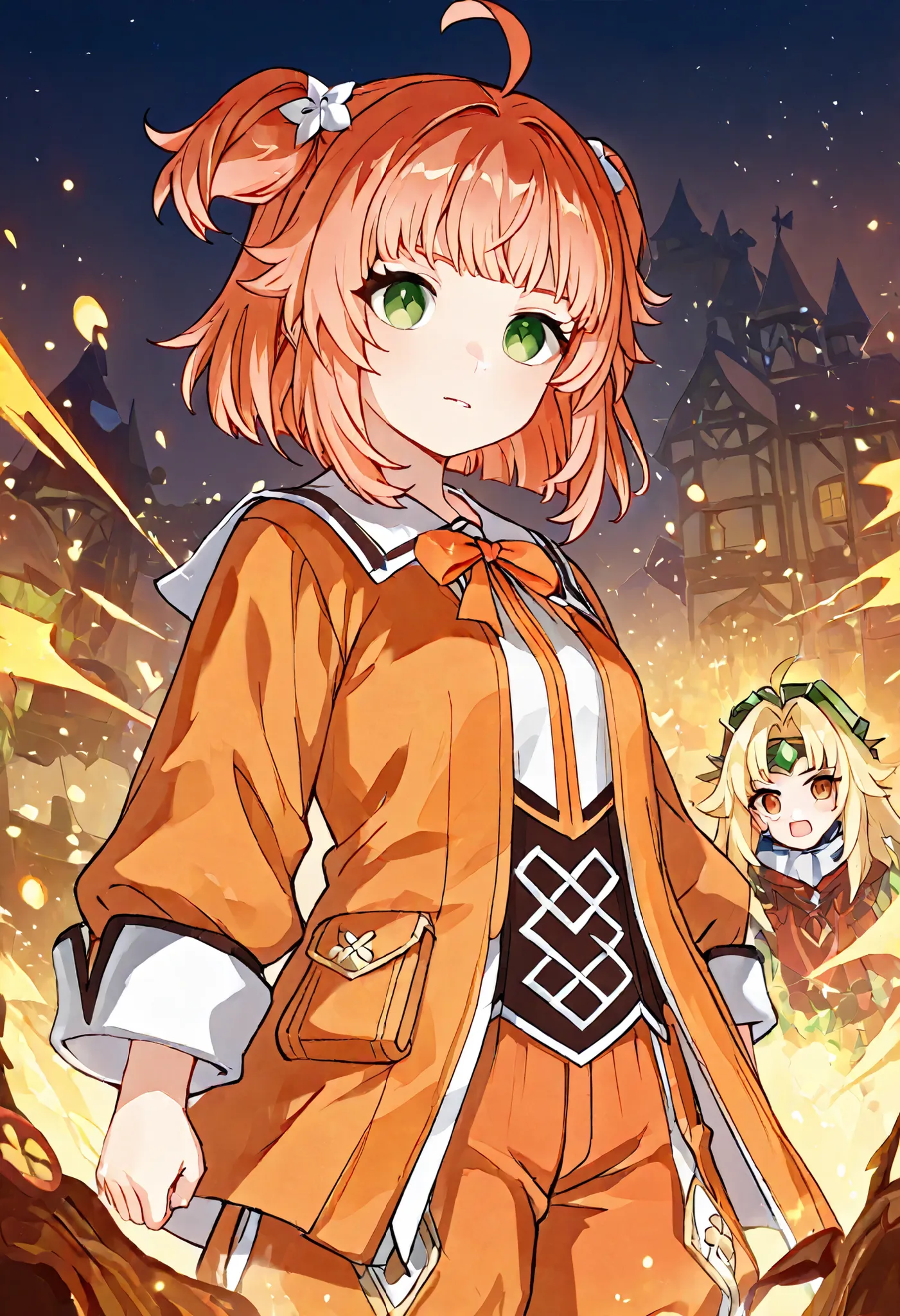 Garota, , fofa, orelha elfo, Red orange short hair, pele clara, olhos laranja, orange outfit detailed with symbol and ribbon, anime Genshin Impact 