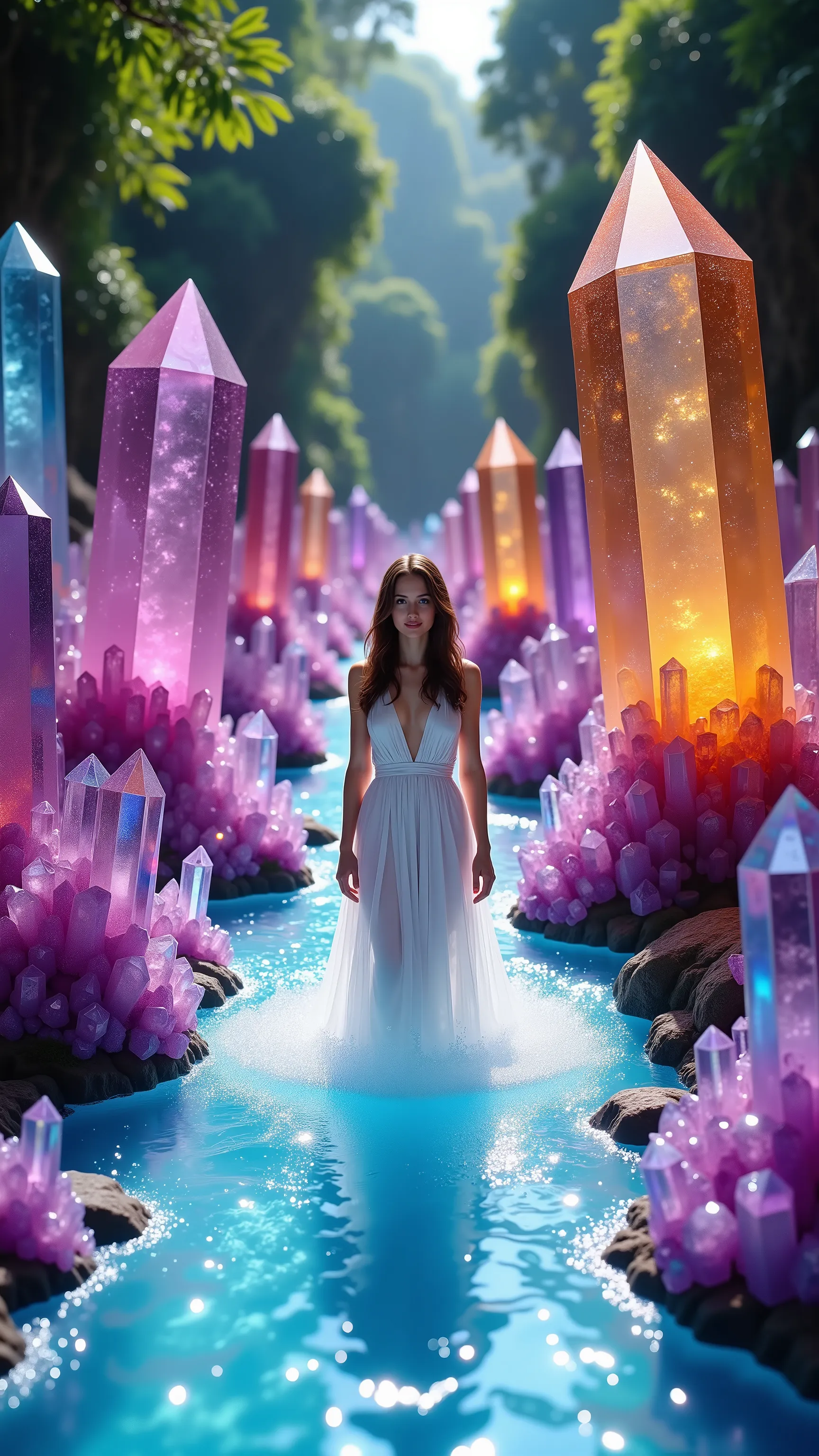Ultra realistic, cinematography, ultra detailed, 8K, highres, 1girl, gorgeous european woman walking through a neon blue stream, direct eye contact, smiling, looking at the viewer, enormous 12-20 foot tall dark blue dark pink, dark red, and dark yellow tra...