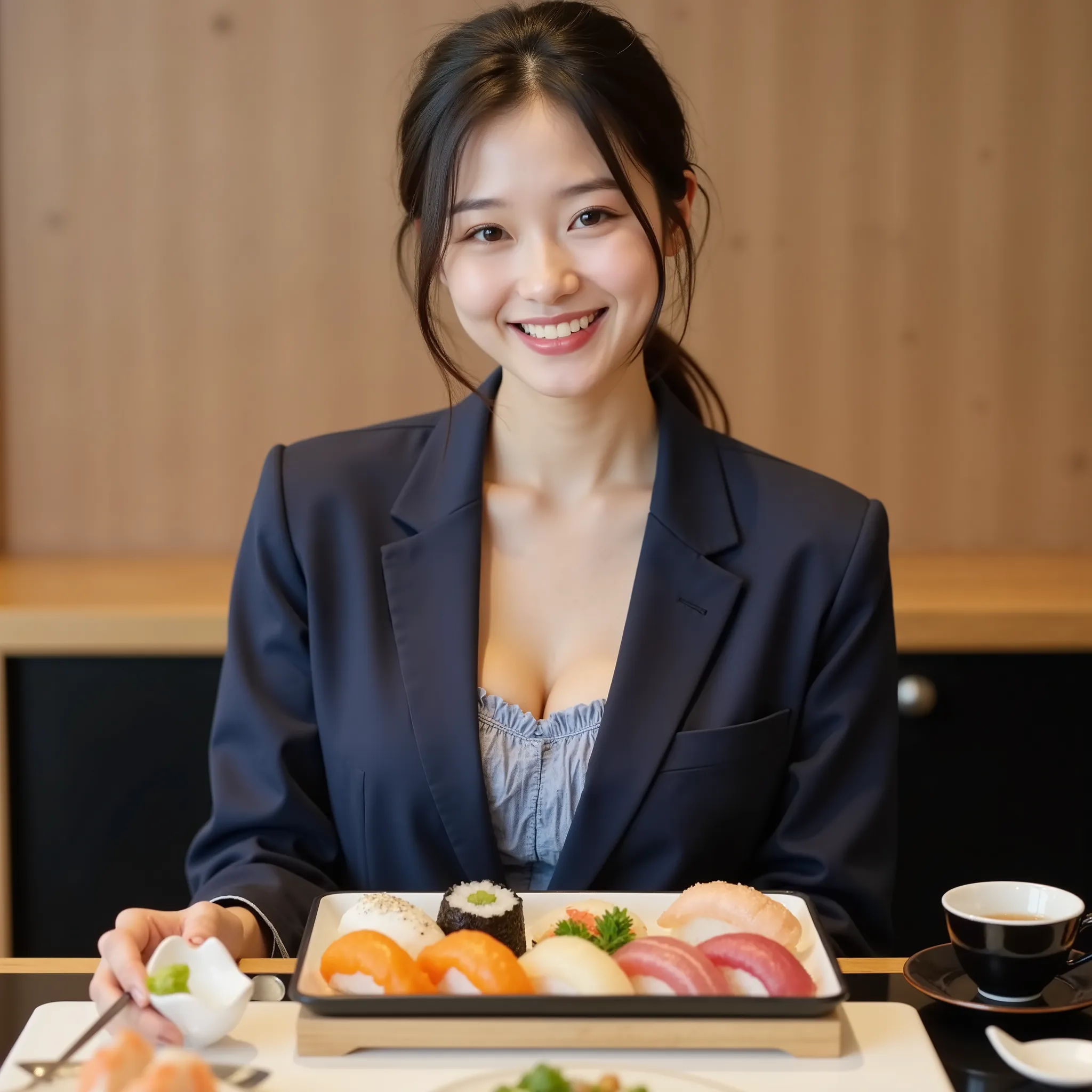『1 Japanese girl:1.3』『real photo:1.3』Highest Quality:1.2、((big breasts))、the cleavage is slightly visible、((young 20 year old woman ))、『showing my teeth and smiling:1.9』、(((is anatomically correct、perfect anatomy、is anatomically correct指)))、a slender body,...