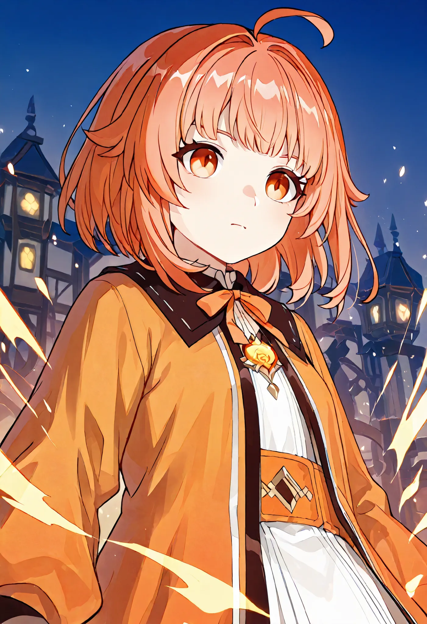 Garota, , fofa, orelha elfo, Red orange short hair, pele clara, Orange pupil eyes, orange outfit detailed with symbol and ribbon, anime Genshin Impact 