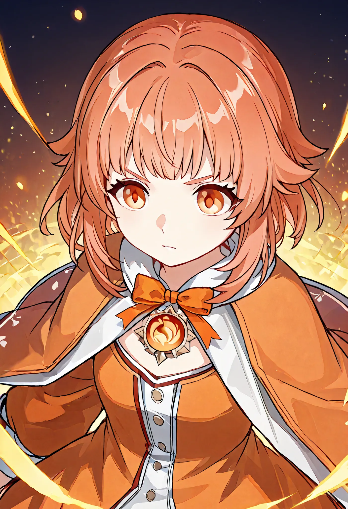 Garota, , fofa, orelha elfo, Red orange short hair, pele clara, Orange pupil eyes, orange outfit detailed with symbol and ribbon, anime Genshin Impact 