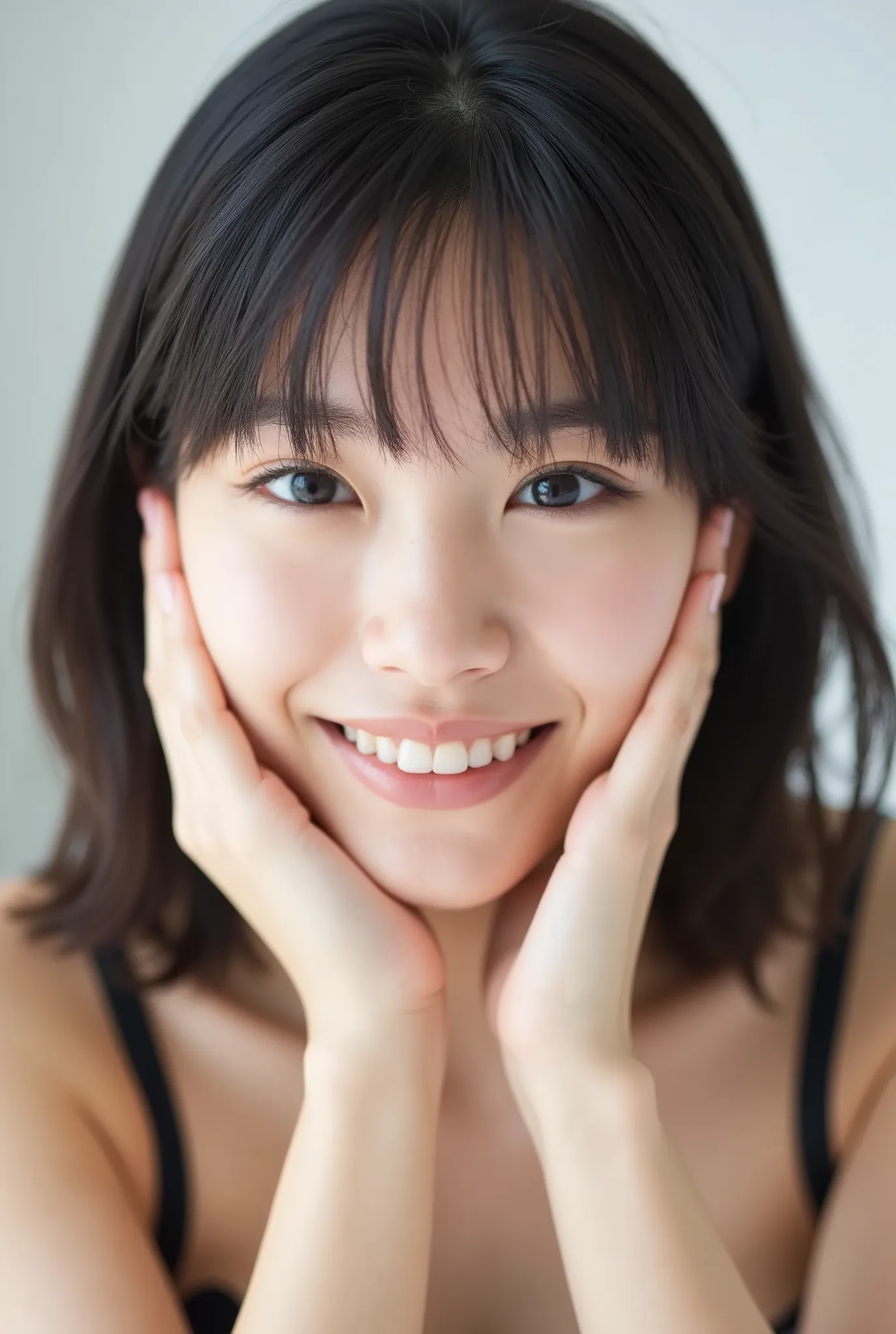 An extreme ultra close-up portrait of a stunningly beautiful young Japanese woman in her early twenties. Her face fills 95% of the frame, captured in cinematic soft lighting. She has a warm skin tone with flushed cheeks, porcelain-smooth complexion, visibl...