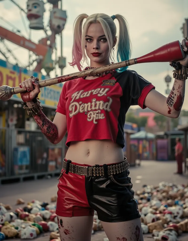 obra-prima, (mais alta qualidade, create a high resolution,4k, 8k),(realista, fotorealista: 1.5), Harley Quinn, (rosto perfeito + Supermodelo + pele delicada + peito grande), She's at Amusement Park. The many clown masks scattered across the stage. She's wearing a half red and half black shirt, Half Red and Half Black Leather Shorts. She's holding a Sledgehammer, the Sledgehammer is covered in Blood. She has a Machiavellian smile