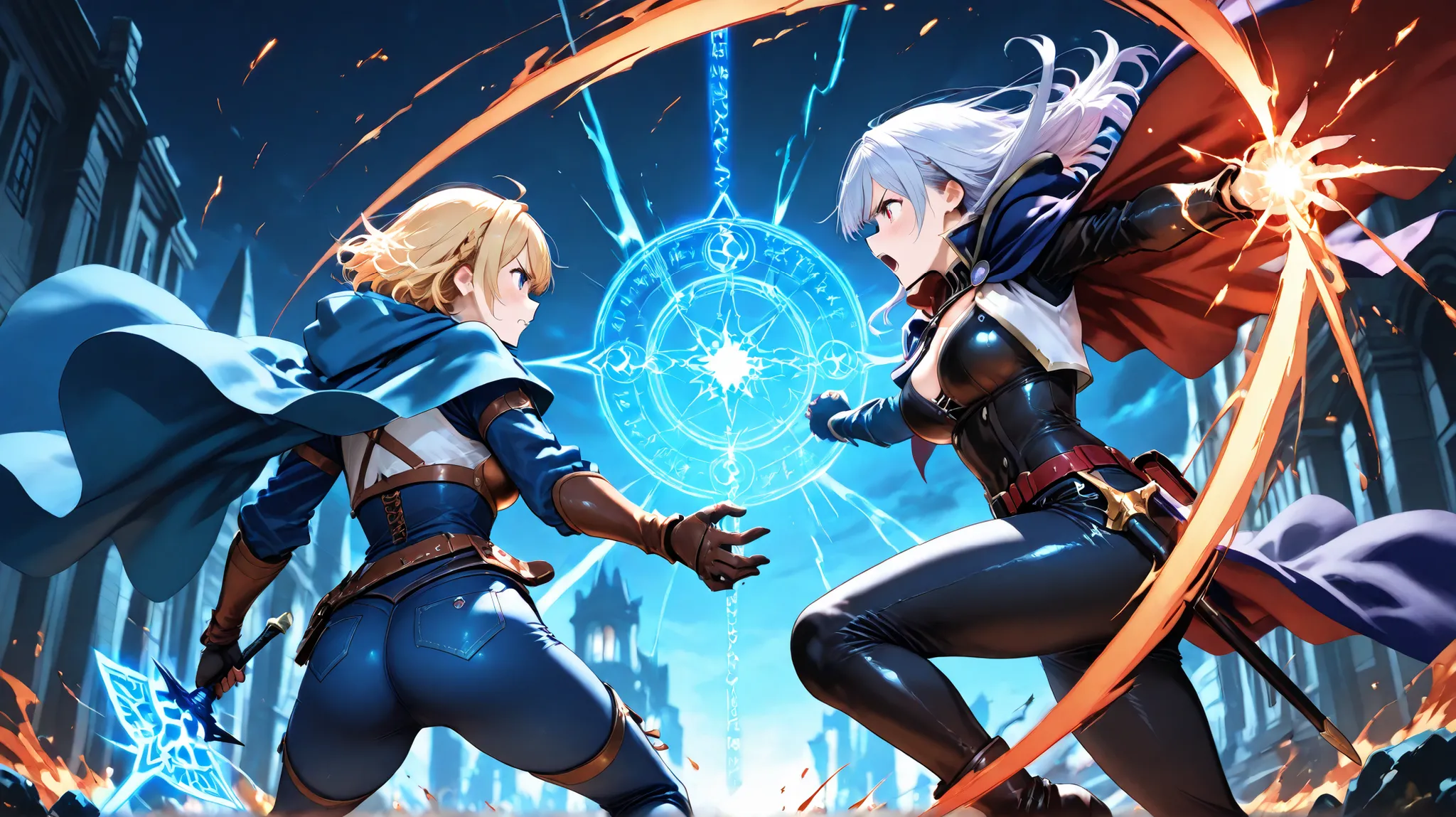 a dramatic battle scene between two anthropomorphic cat warriors, one casting elemental spells with fire and water, wearing a mage's cloak with runes, and the other a wild-haired fighter in leather and denim, slashing through magic with claws and energy, e...